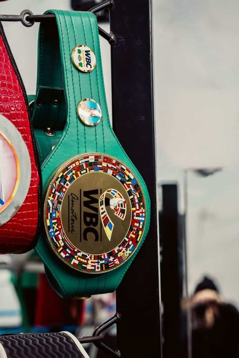 Close-up of a WBC championship belt with international flags on display.